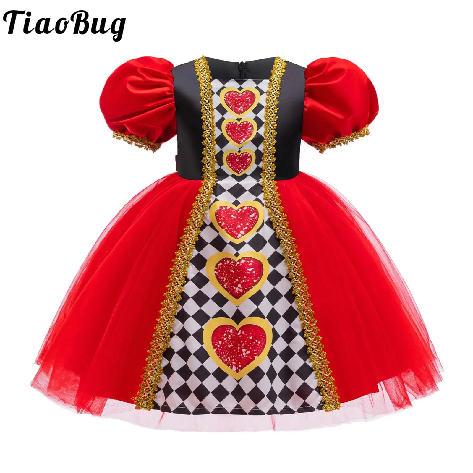 

Girls Red Hearts Costume Queen Dress Tulle Dancewear Puff Sleeve Zipper Bow Tutu Dress for Halloween Role Play Theme Party