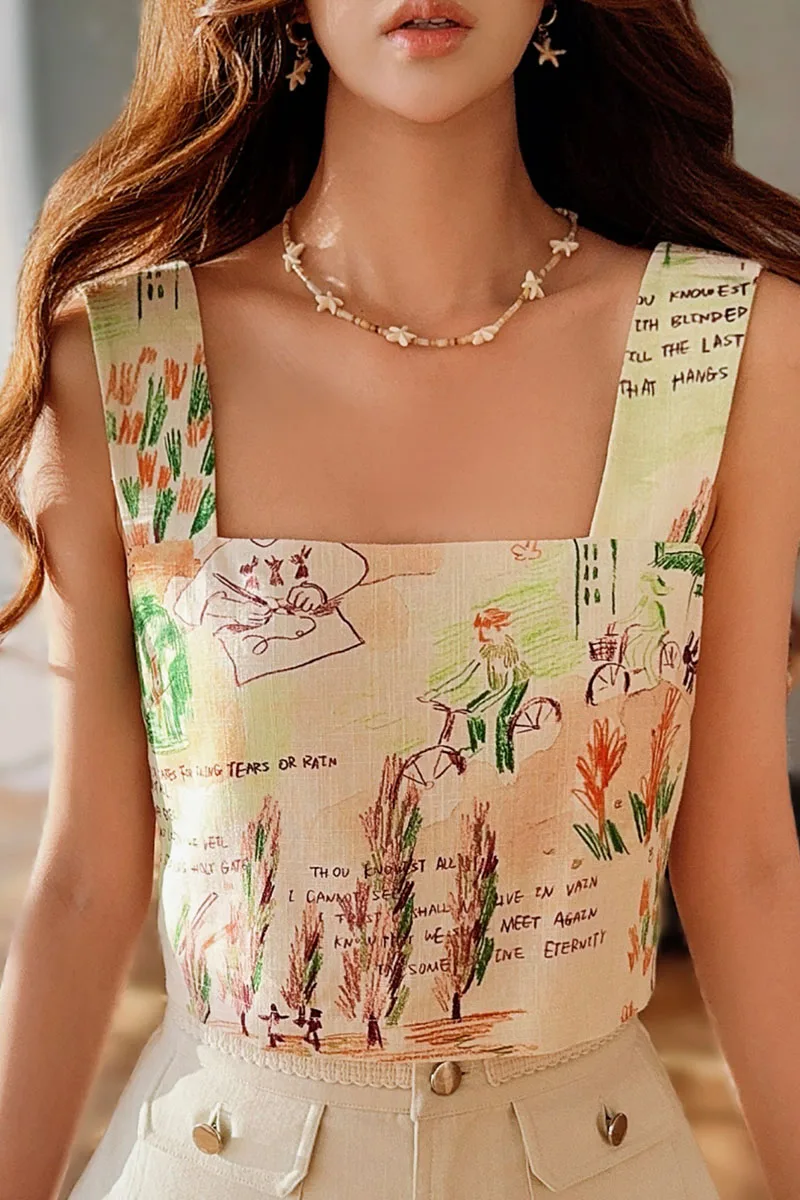 

Summer Print Tank Women's Top Vest Square Collar Spaghetti Strap Short Basics Skirt Camisole Y2K 2025 New DABUWAWA DM2BCM013