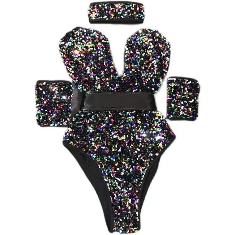 Sexy Multi Color Sequins Bodysuit Bar Nightclub Female Singer Dancer Stage Wear Team DJ Jazz Dance Performance Costume