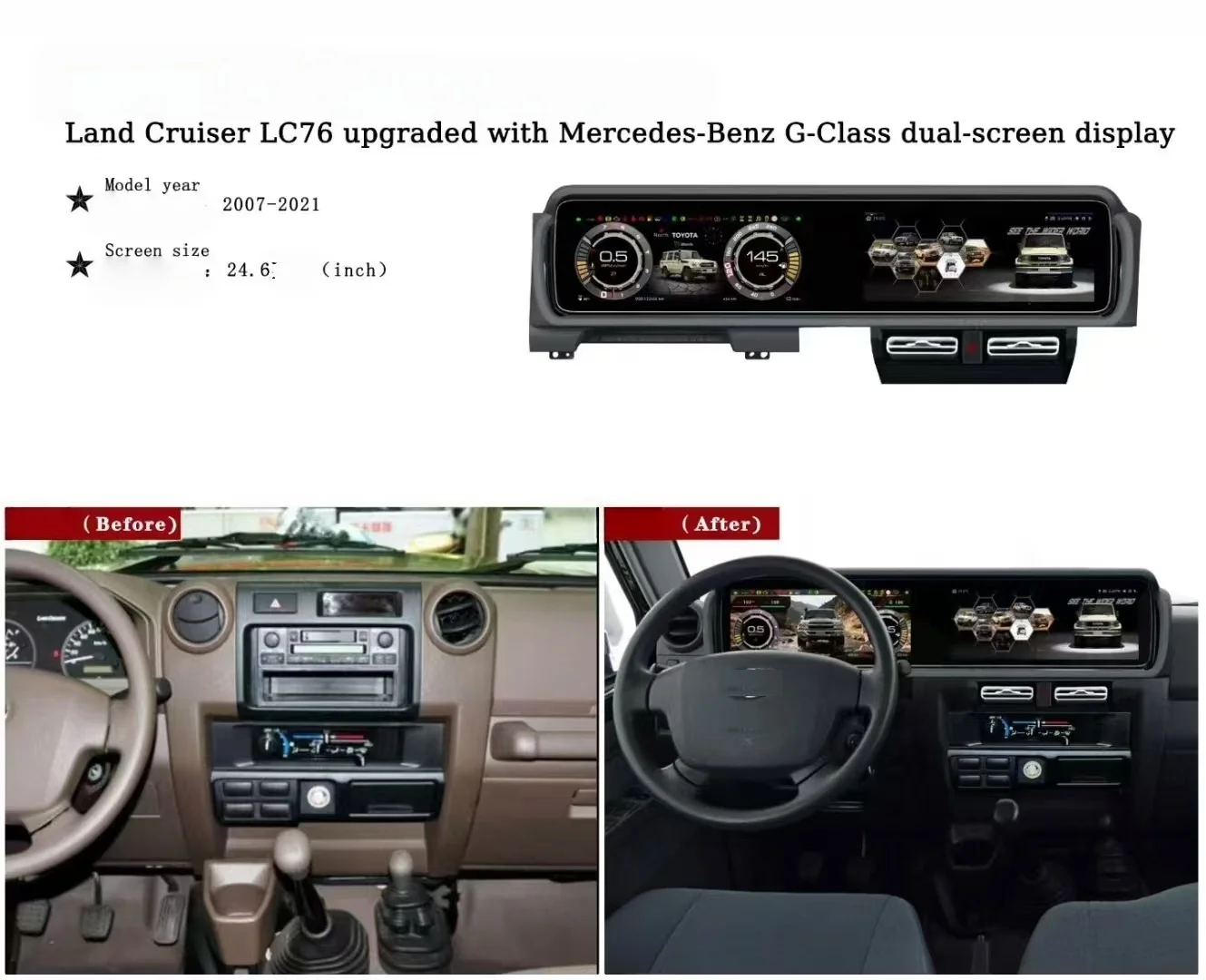 Auto Gauge + Android Radio For Toyota Land Cruiser LC76 2007~2021 Upgraded For Benz G-Class Dual-Screen Unit Wireless CarPlay 4G