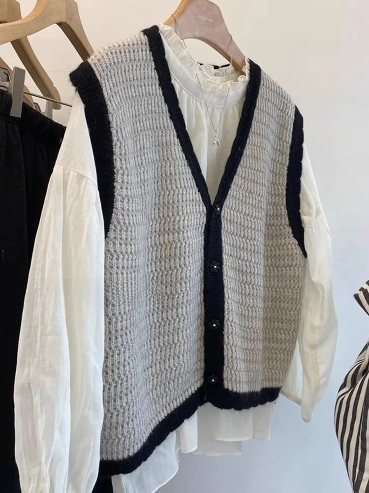 سترة نسائية محبوكة بتصميم متعدد الألوان، بدون أكمام بزر واحد، أنيقة للعمل، تقلل من مظهر العمر، مكشوفة الكتفين، برقبة على شكل V