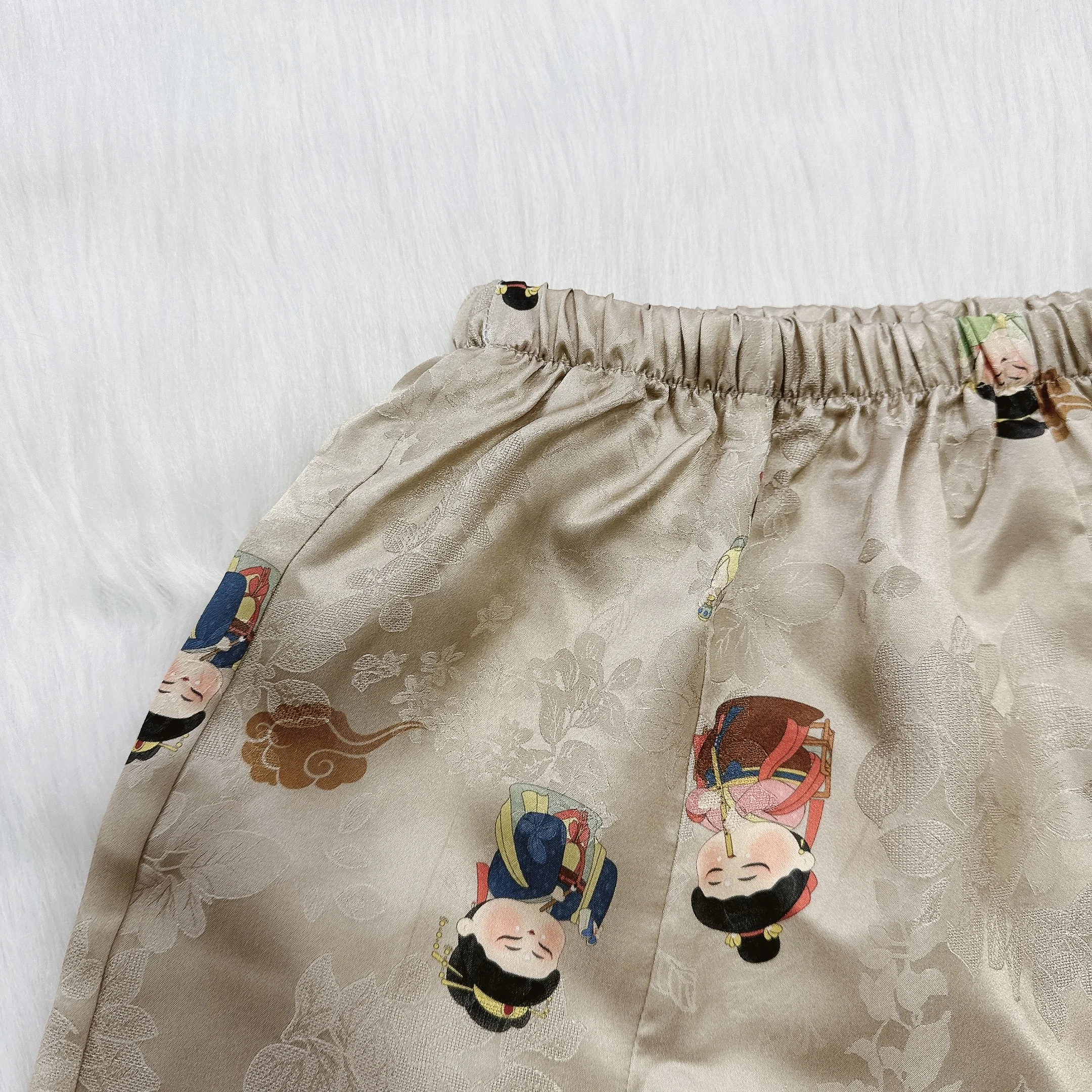 (Splicing Style) Women's Casual Summer New 100% Natural Mulberry Silk HuaLuo Little Tang Dynasty Printed Casual Home Shorts