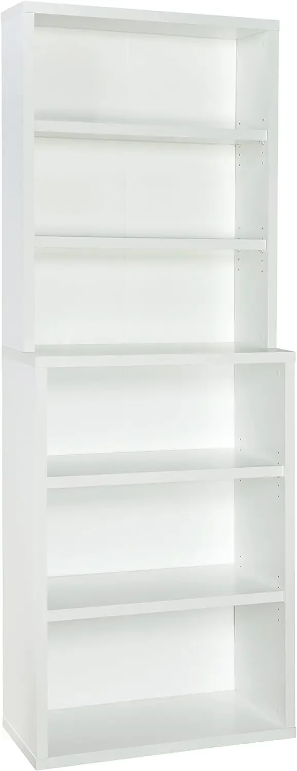 Bookshelf with 6 Shelf Tiers, Adjustable Shelves, Tall Bookcase Hutch, Sturdy Wood With Closed Back Panel, White Fini