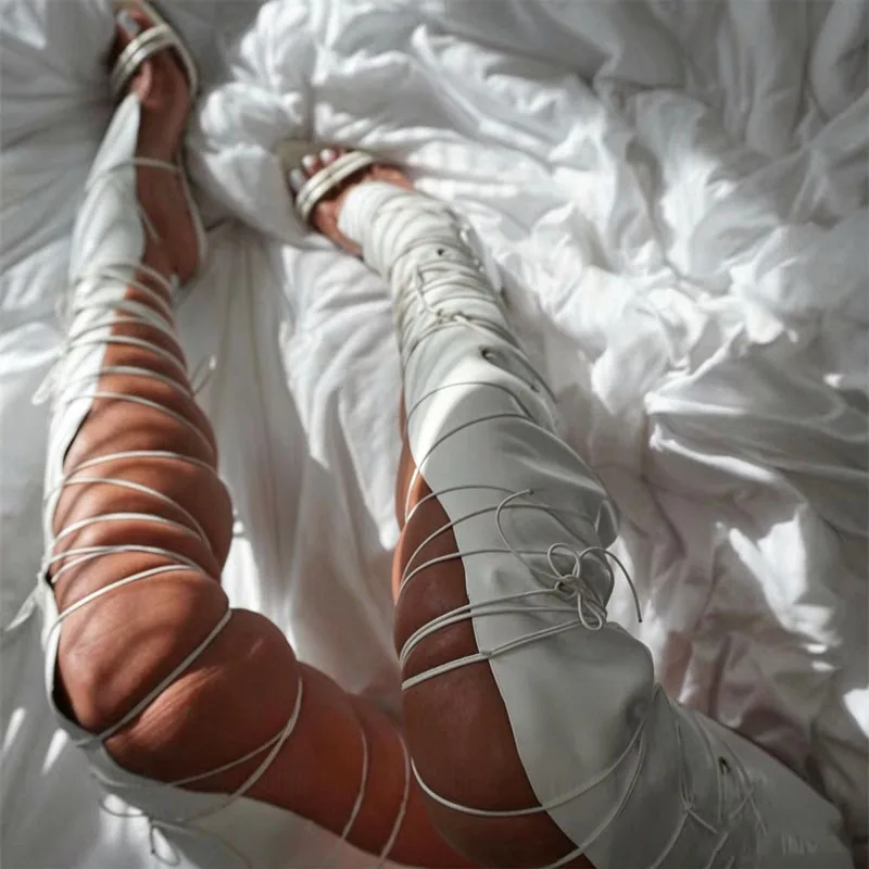 Lace Up Sandal Boots Separate Leather Cut Out Elastic Ties Hollow Summer Stretch Over The Knee Long Boots Women Thin Heel Shoes