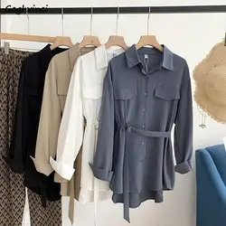 Shirts Women Fashion All-match Sashes Korean Style Office Ladies Elegant Street Wear Harajuku Solid New Design Hot Sale Trendy