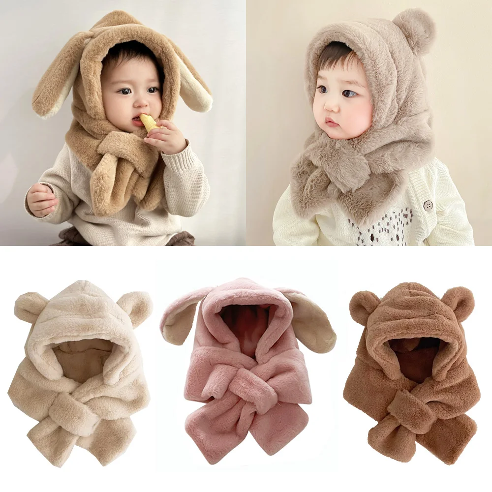 Faux Fur Baby Winter Hat Scarf One-Piece Bunny Bear Baby Bonnet Infant Beanie Warm Kids Cap for Girls Boys Toddler Accessories