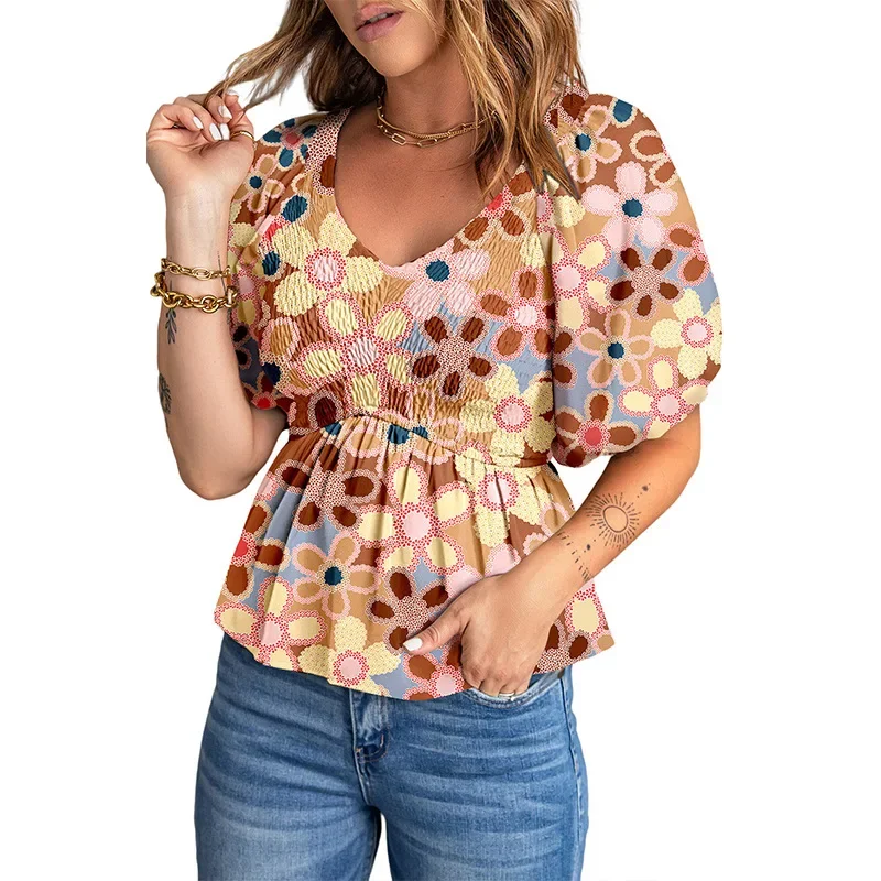 Floral Bohemian Chiffon Shirt Damen Taille Abnehmen Blume Gedruckt Pullover Frauen Bluse Top