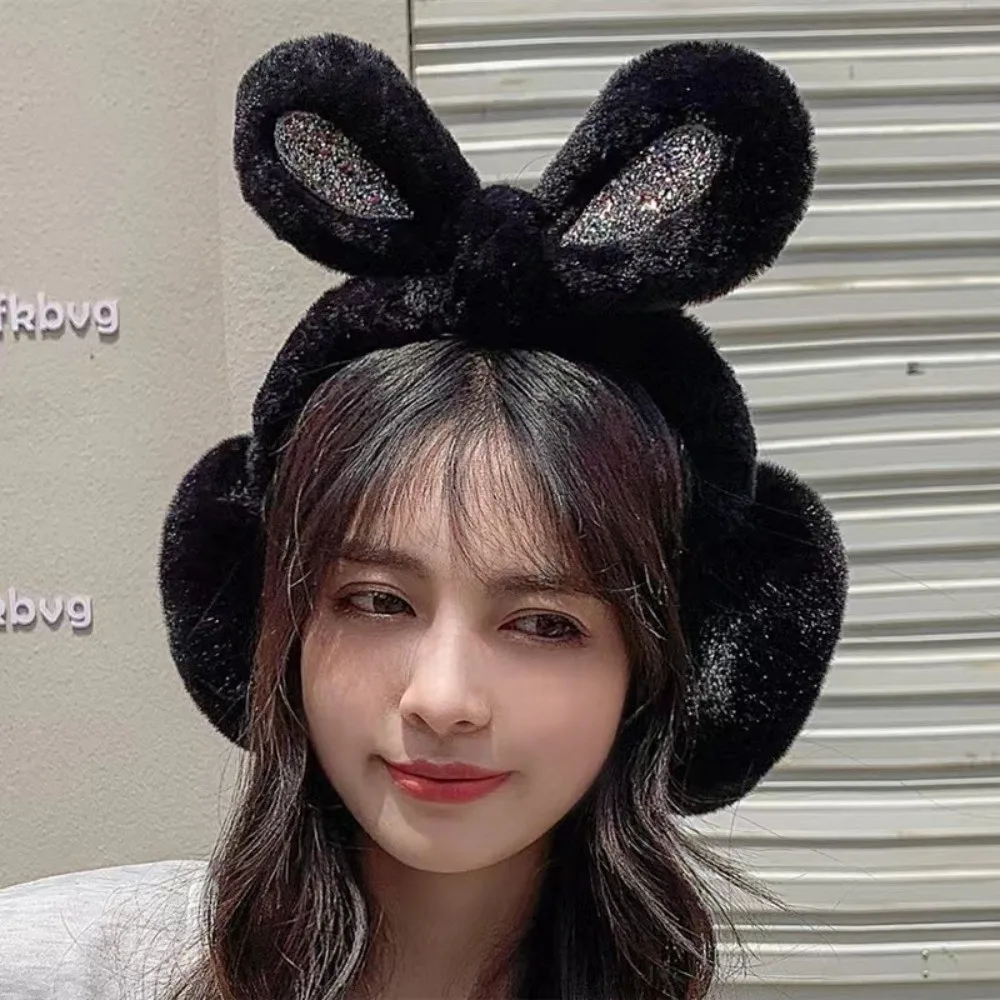 귀여운 플러시 스팽글 토끼 귀 귀마개 동파 방지 접이식 귀 따뜻하게 유지 여성용 두꺼운 귀 덮개