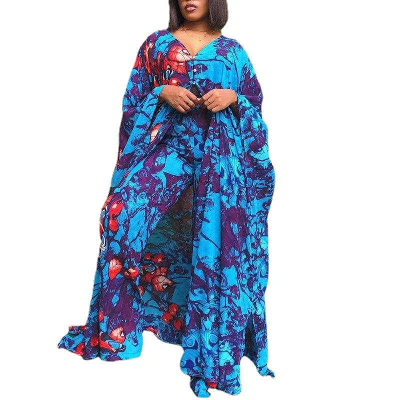 Summer Chiffon Pants Sets for African Ladies Printed Loose Batwing Sleeve Fashion Elegant Evening Night Party Matching Sets Hot