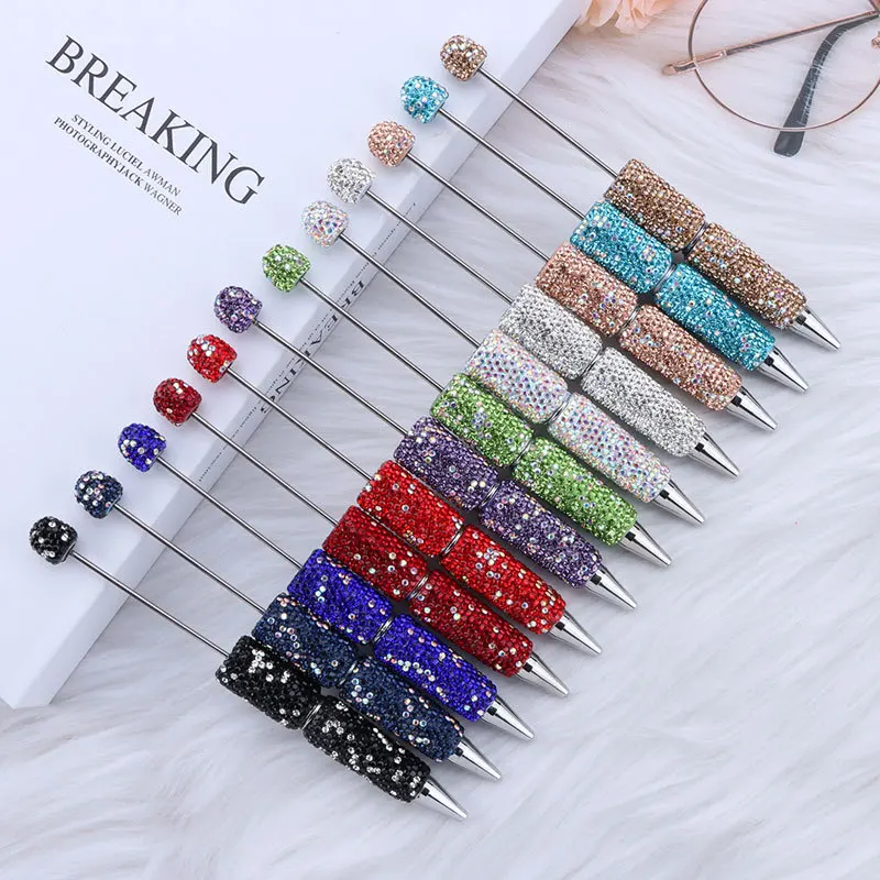 50Pcs Bling Full Cover Black Ink Plastic Beaded Pen Ballpoint Pens DIY Jewelry Beads Gifts School Office Writing Signature Pen