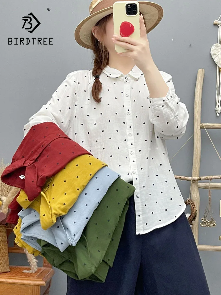 New 2026 Autumn Women Cotton Yarn Long Sleeve Shirt, Turn-down Collar Dot Printed, Mori Girl French Soft Loose Blouse T68656CC