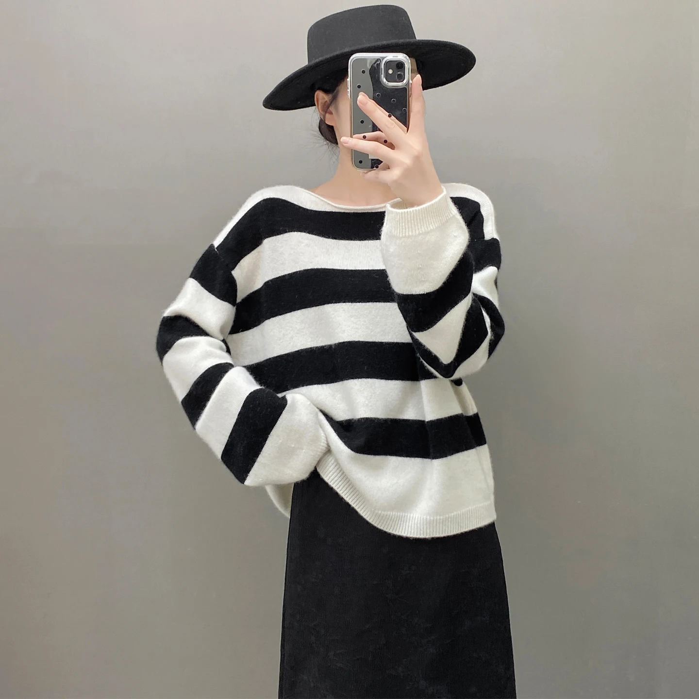 

Осень/зима, новый женский свитер из 100% кашемира, повседневные вязаные топы в полоску, свободный цельный джемпер с воротником, теплая уличная мода