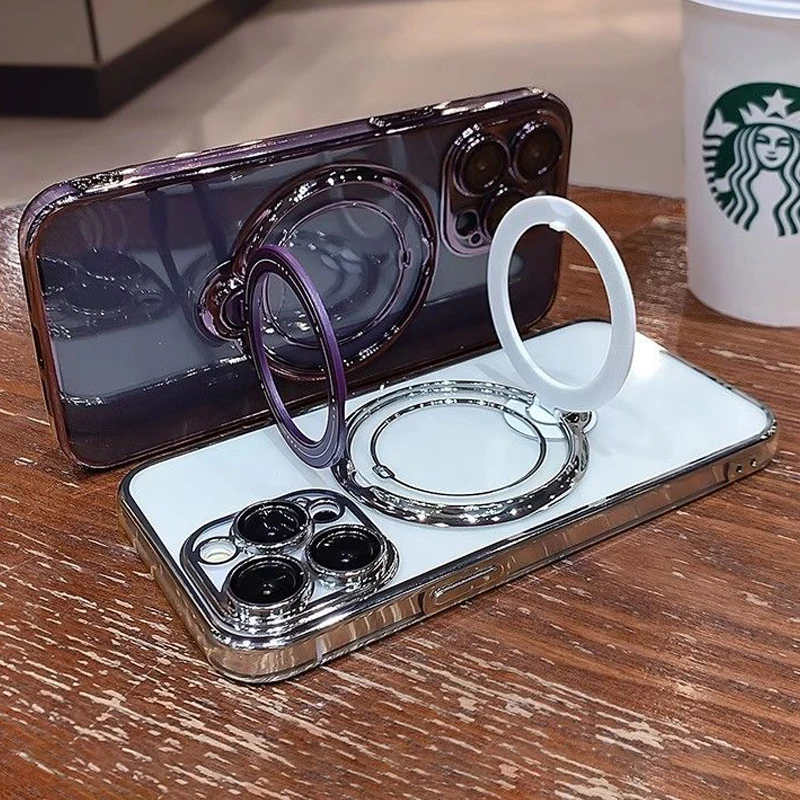 

Fashion Plating with Lens Film Rotate Bracket Case for iPhone 16 15 14 13 12 11 Pro Max Plus Shockproof Magsafe Magnetic Cover