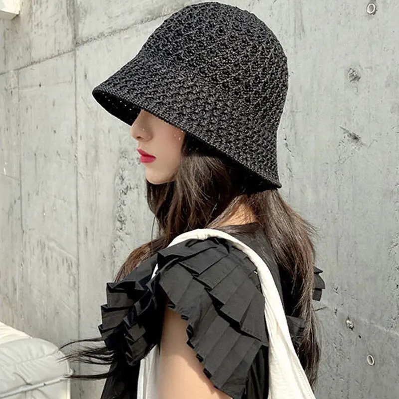 Foldable Sunscreen Hat Wide Brim Summer Beach Hollow Out Knitted Yarn Handmade Headgear Solid Color High Quality Bucket Cap