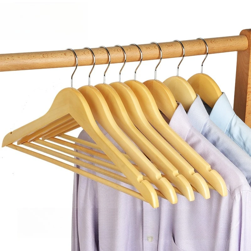 Set of 10 Solid Wood Hangers, Ergonomic Design with Non-Slip Notches and 360° Rotating Hooks