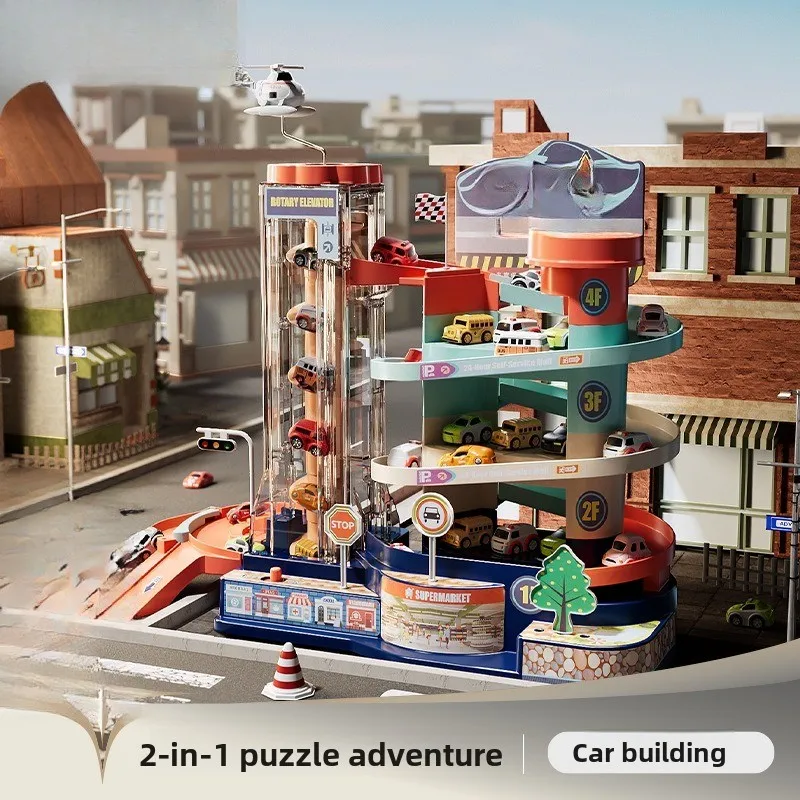 

Small train track parking lot hoisting puzzle building parking lot sliding track parking lot mechanical interactive rail car