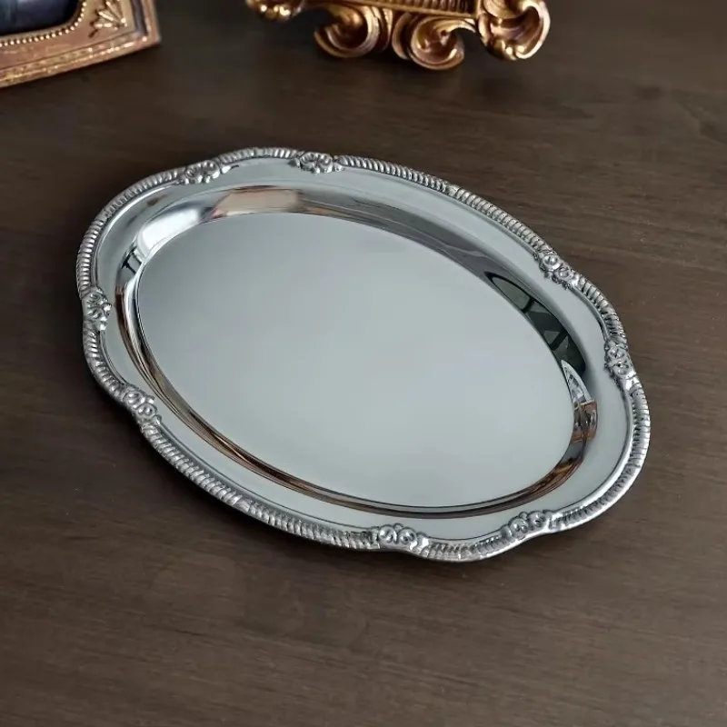 Bandeja  acero inoxidable en relieve Vintage, plato para servir postres, organizador  almacenamiento  joyas, plato