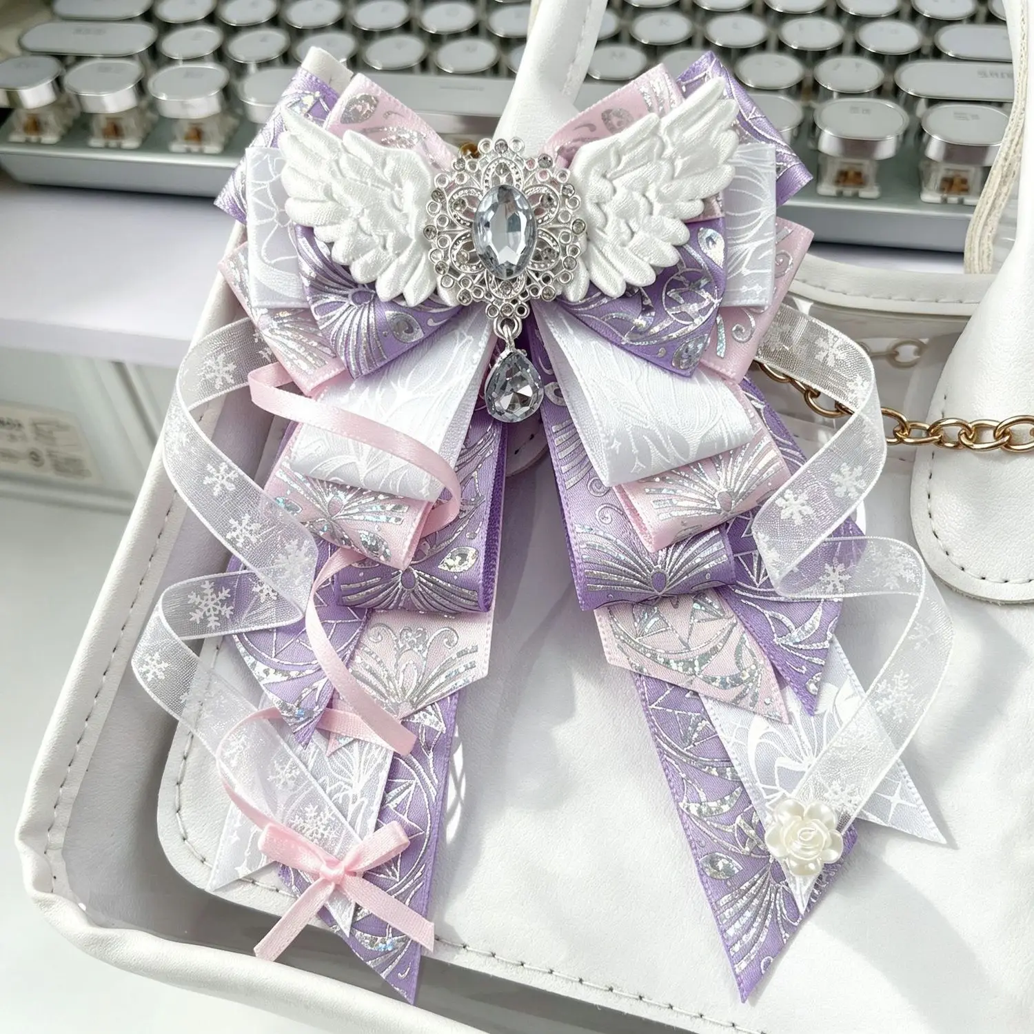Rhinestone Angel Wings Bow Concert Support Stick Charm Lolita Cute Women's Dress JK Shirt Collar Bow Brooch Handmade Accessory