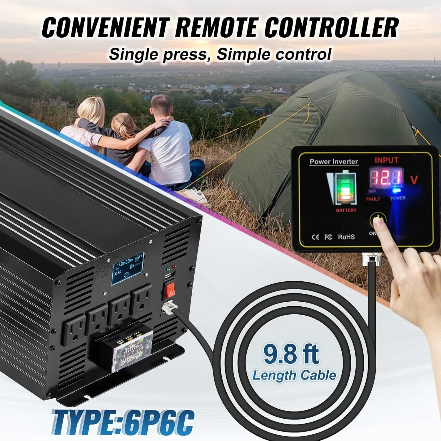 Convertitore a onda sinusoidale pura Convertitore di potenza da 3500 Watt, Convertitore per auto da CC 12 V a CA 120 V, con porta USB Display LCD Telecomando