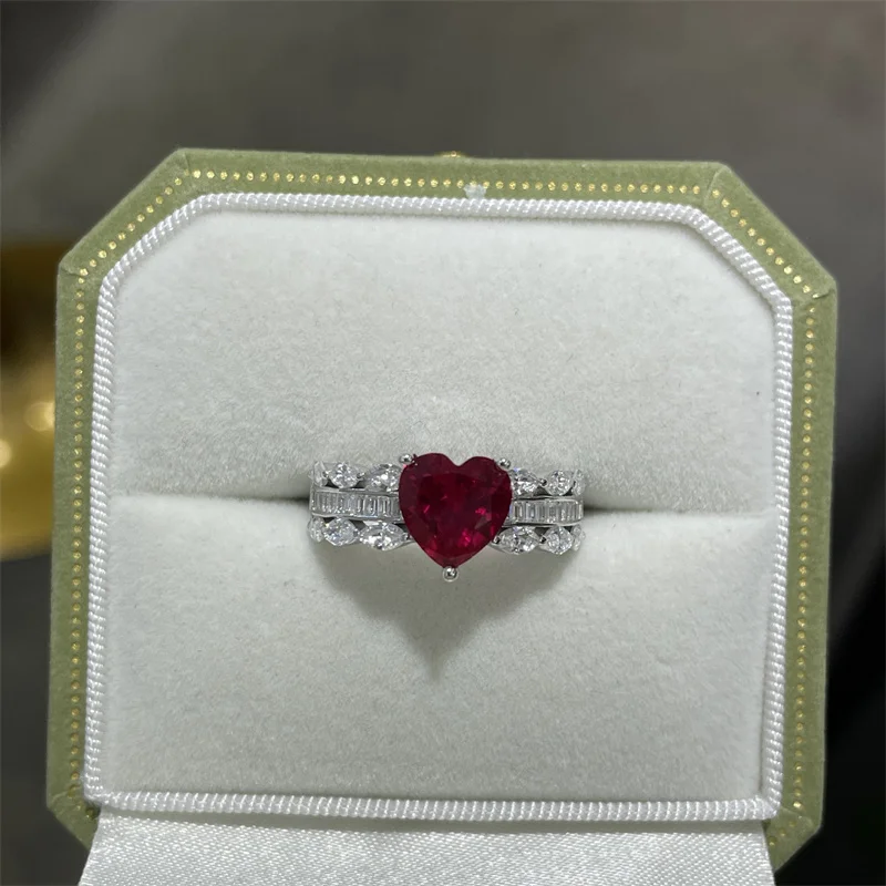 

ZFSILVER s925 Silver Fashion Luxury Trendy Cultivated Gemstone Red Heart Ring For Charm Women Wedding Party Jewelry Gift R3-0719