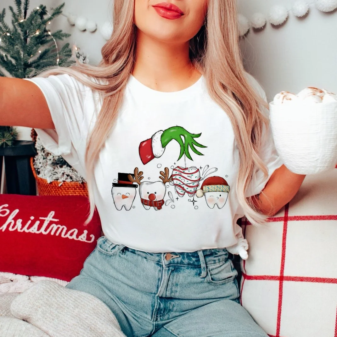 Funny Christmas Tooth Grinch Dental Fashion Pattern T-Shirt Short Sleeve Watercolor Style Top Clothing Printed Large Size T-Shir