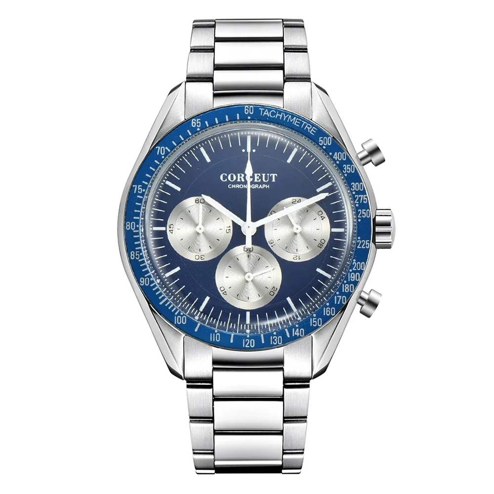 40MM Corgeut Japanese Quartz Movement Full Functional Chronograph 24Hour Multi-Function  316L Stainless Steel Case Mens Watch