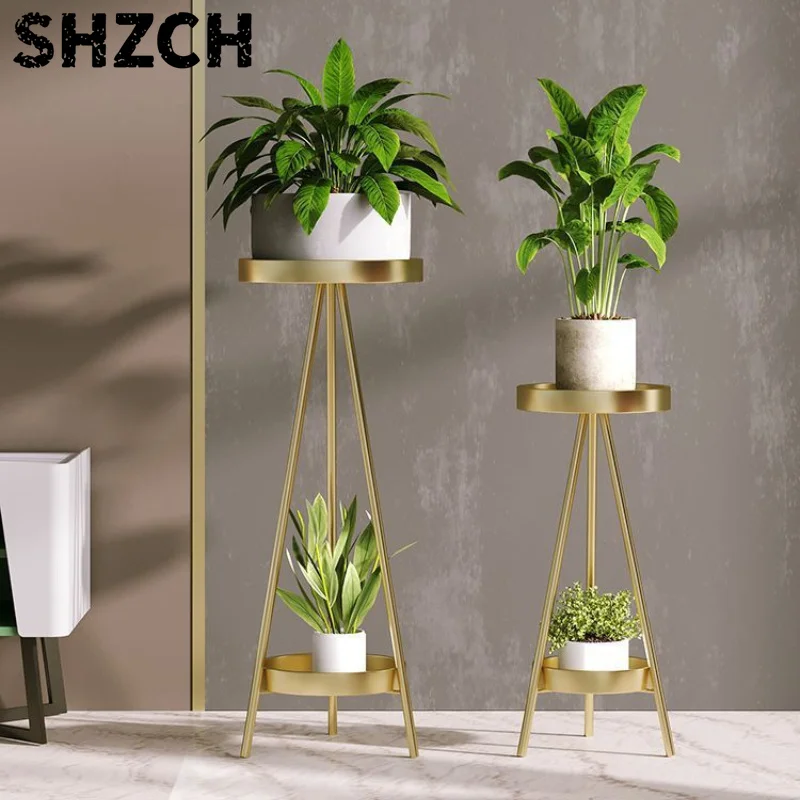 Nordic Light Luxury Double Layer Plant Rack Simple and Modern Floor Standing Triangular Flower Rack Green Ivy Decorative Rack
