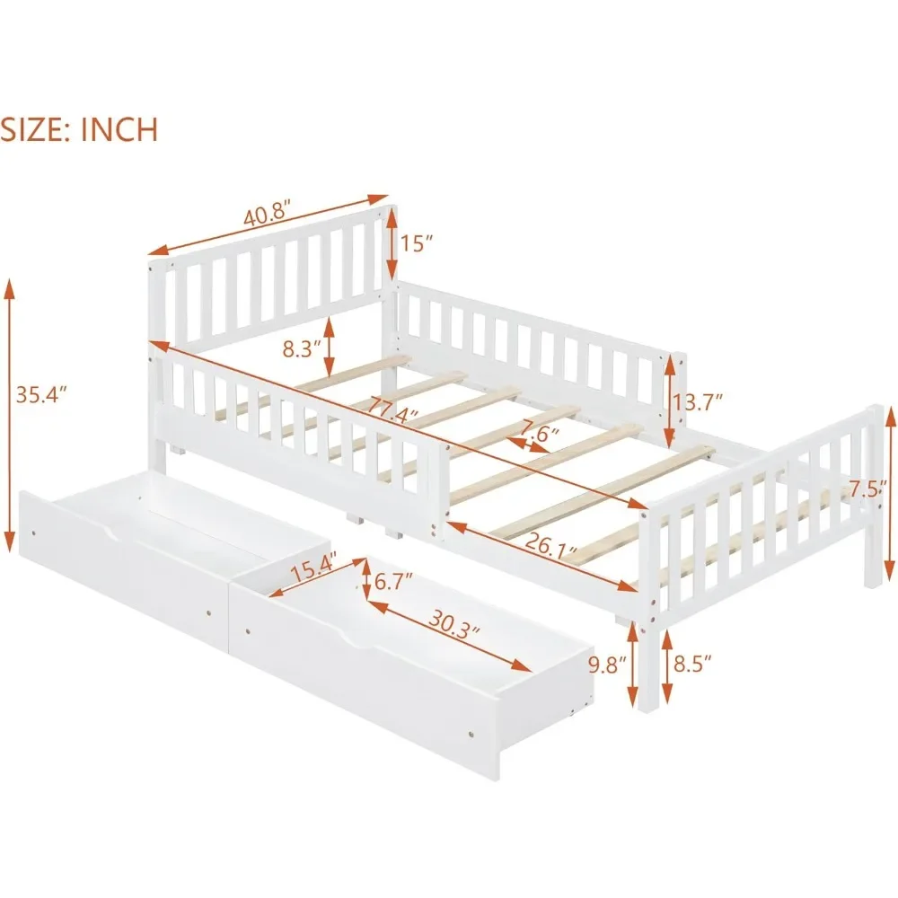 Children\'s bed.Kids Twin Bed with GuardrailsLow Platform Bed with Headboard and Footboard,White Children Bed Frame with2Drawers