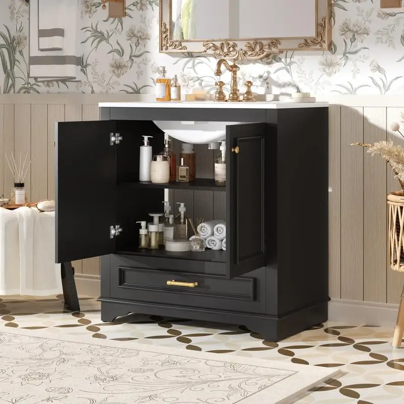 Lujosa tocador de baño de 30" con lavabo de cerámica, mueble de baño con 2 puertas de cierre suave, unidad de almacenamiento con estructura de madera maciza