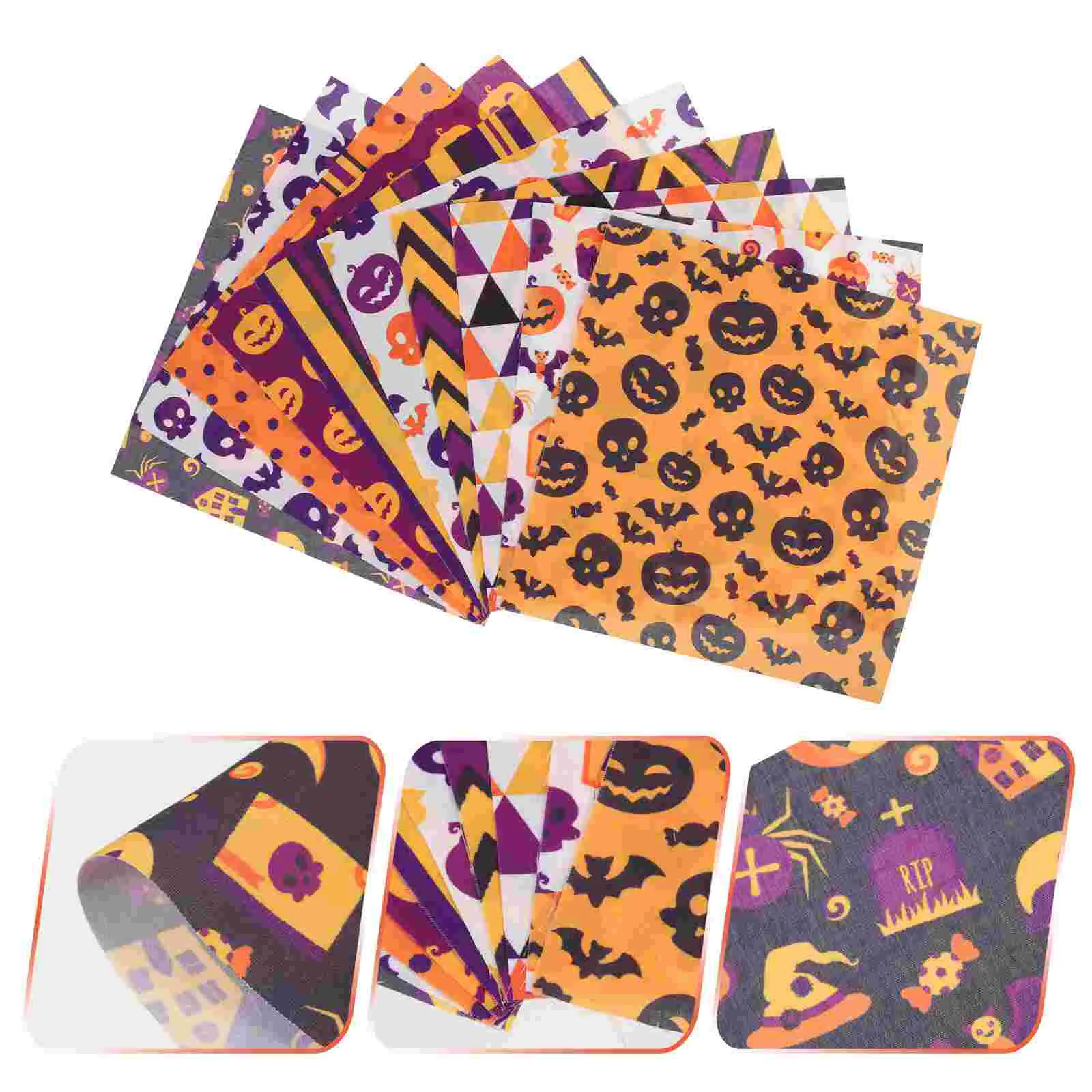 

10 Sheets Halloween Themed Polyester Cotton Cloth Set Decor Style Fabric Material Pumpkin Bats Ghosts Quilting