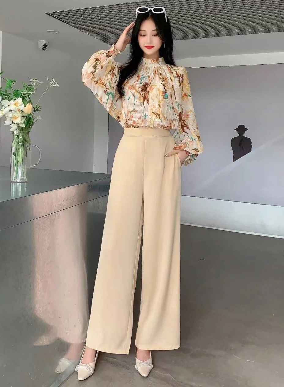 2024 New Spring Autumn Women Pants Suit Long Sleeve Loose Pleated Floral Shirt And High Waist Wide Leg Long Pants Two Piece Set