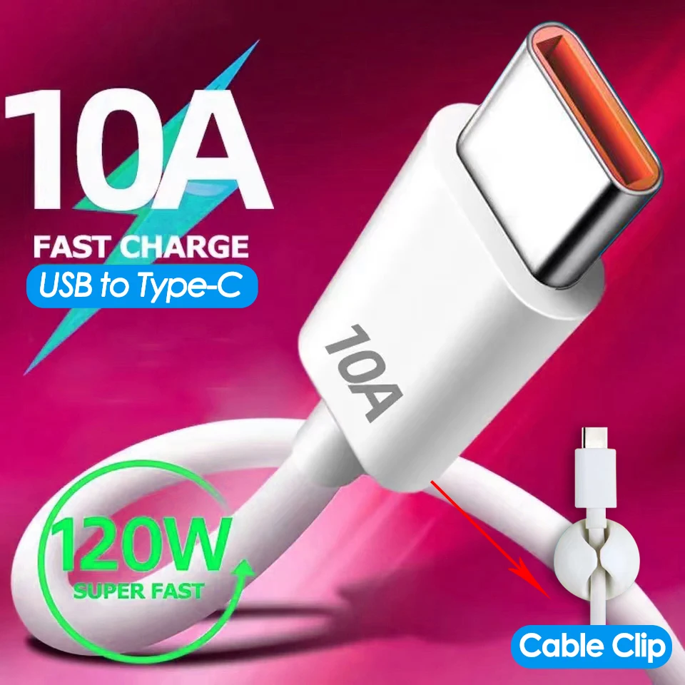 10A 120W With Cable Clip Super Fast Charging USB Type C Cable For Huawei P40 USB-C Data Cord for Xiaomi 14 Redmi13 12 Oneplus 11