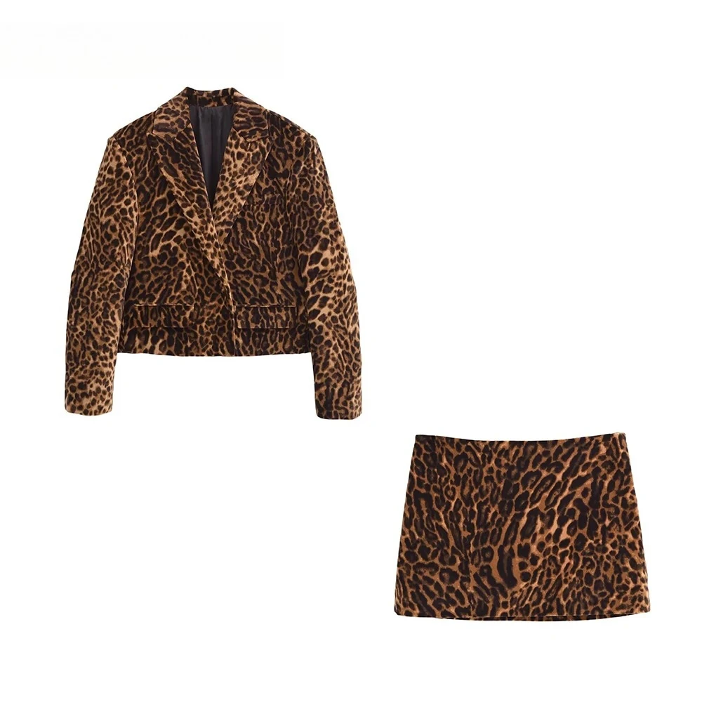 KONDALA موضة خريف وشتاء 2024 بدلة نسائية بنقشة الفهد سترة عالية الشارع أنيقة Blzaer + غمد تنورة صغيرة أطقم حفلات أنيقة ومثيرة