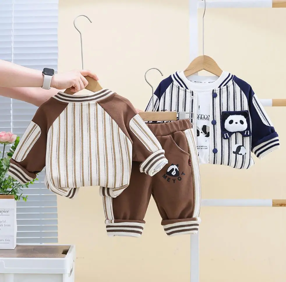 Boys Christmas Outfits 6 To 9 Months Korean Fashion Baby Sets Cartoon Vertical Strip Jackets+T-shirts+Pants Toddler Boy Clothes