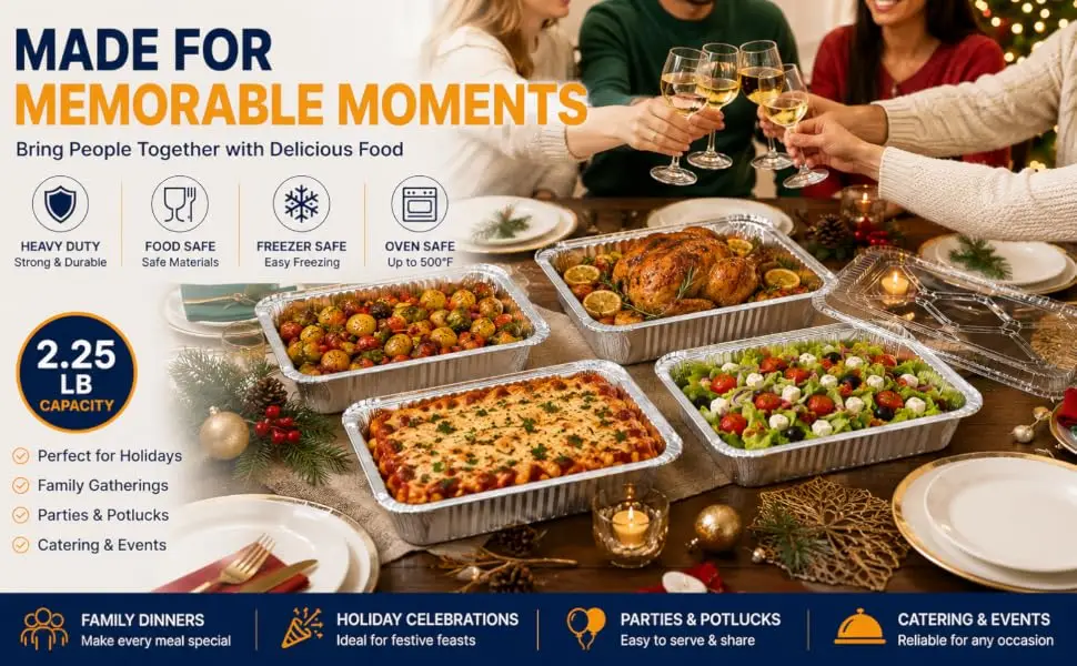 55 Pack 8.5' X 6' Aluminum Pans with Lids, 2.25 LB Foil Food Containers Heavy Duty Tin Foil Pans with Clear Plastic Covers for Meal Prep, Baking, Freezer Storage, Takeout & Catering