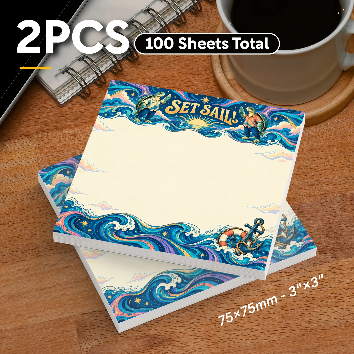 2PCS Set Sail Sticky Notes 100 Sheets Colorful Ocean Waves Sea Turtle Anchor Nautical Memo Pads for Office School Stationery