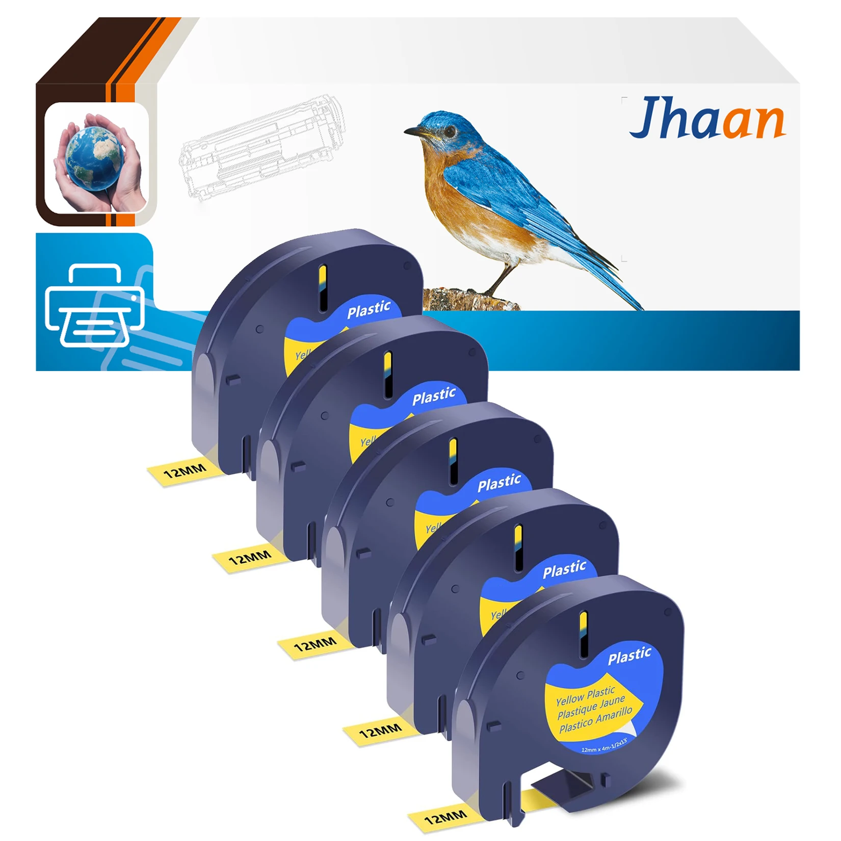 Jhaan 5 X 91202/S0721620 (12mm*4m, BK auf Gelb) Kompatible Etiketten Kompatibel mit Dymo LetraTag LT-100H, LT-110T, LT-100H Plus – Detail 1