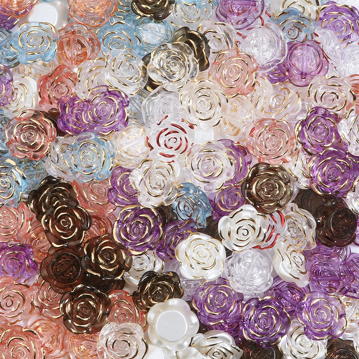 30pcs Resin Baroque Style Perforated Gold Edged Rose Beads Colorful Clear Loose Beads DIY Jewelry Pendant Bracelet Accessories
