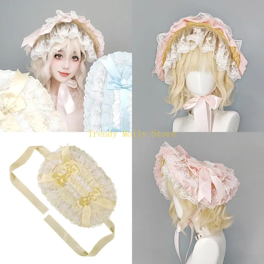 

N5KB Традиционная соломенная шляпа с капюшоном, удобная плоская шляпа с кружевным бантом для женщин