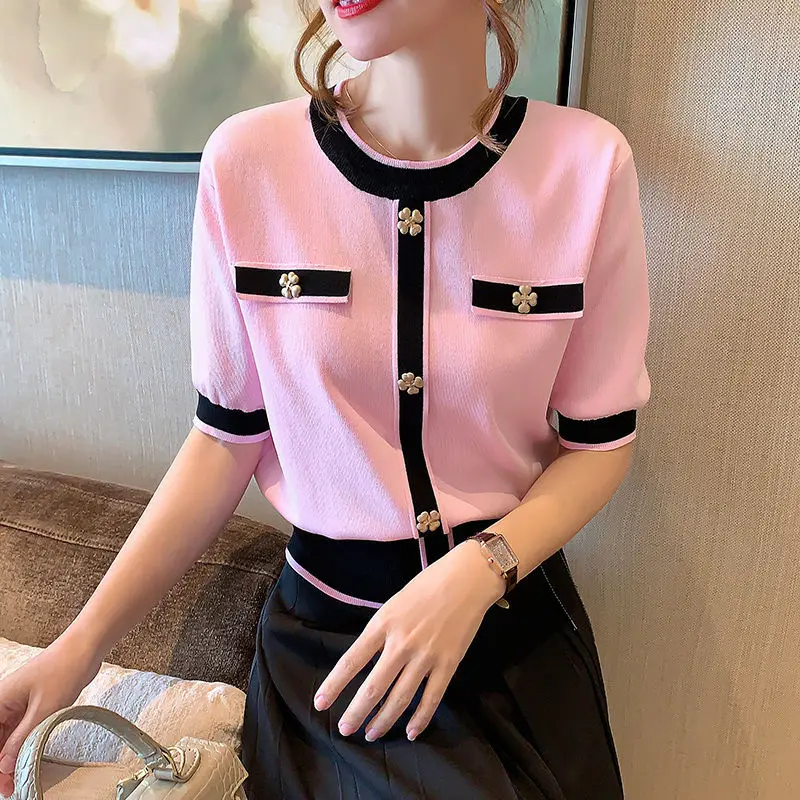 Short Sleeve Contrast Patchwork Tops Summer New O-neck All-match Elegant Temperament Loose Youth T Shirts Korean Women Cothing