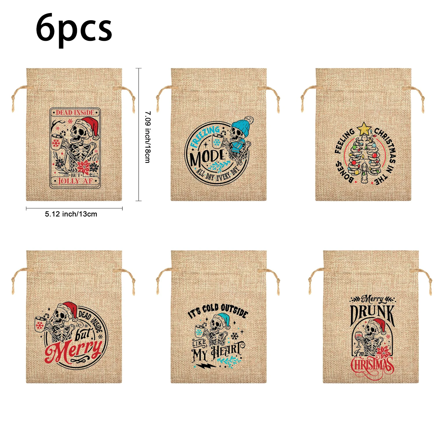 6pcs 5x7in Skeleton Christmas Burlap Bags Christmas Linen Treat Sacks Gift Wrapping Bags Xmas Holiday Party Favors Bags Decor