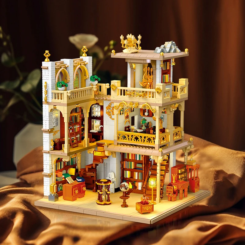 MOC 중세 유럽 도서관 서점 빌딩 블록 세트 레저룸 상점 집 데스크탑 DIY 장난감 어린이 생일 선물