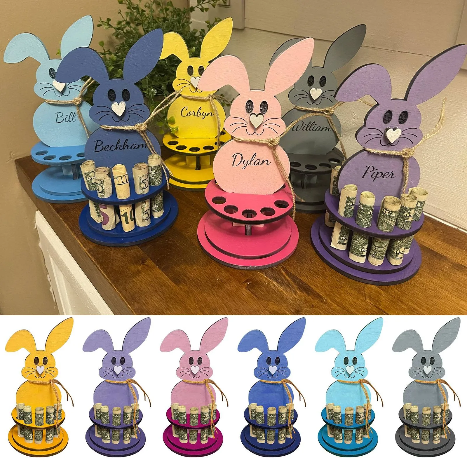 

2024 Easter Wallet Gift Desktop Ornament Cartoon Rabbit Shaped Decorative Wooden Cash Holder Money Stand Kids Cute Bunny Decor