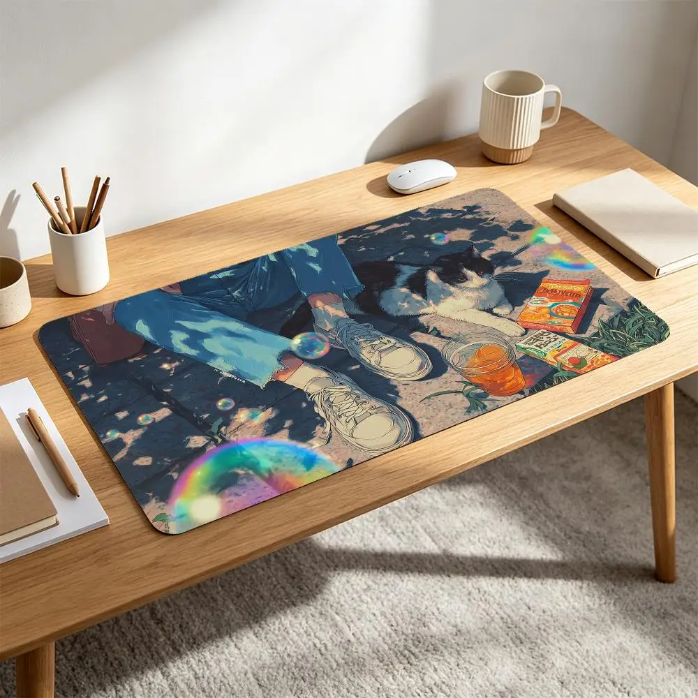 Anime Style Leisure Afternoon Black White Mouse Pad Picnic Snack Bubble Cartoon Scene alfombrillas gaming tapis de souris