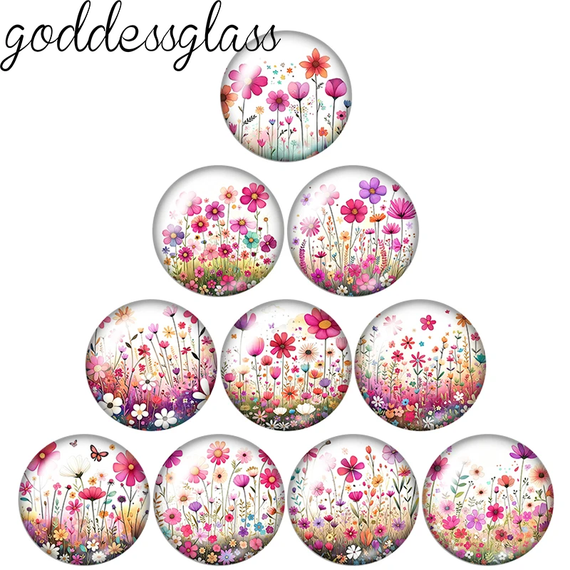 Little Flowers Paintings Cute Small Fresh 10pcs 12mm/18mm/20mm/25mm Round Photo Glass Cabochon Flat Back Making Findings Jewelry