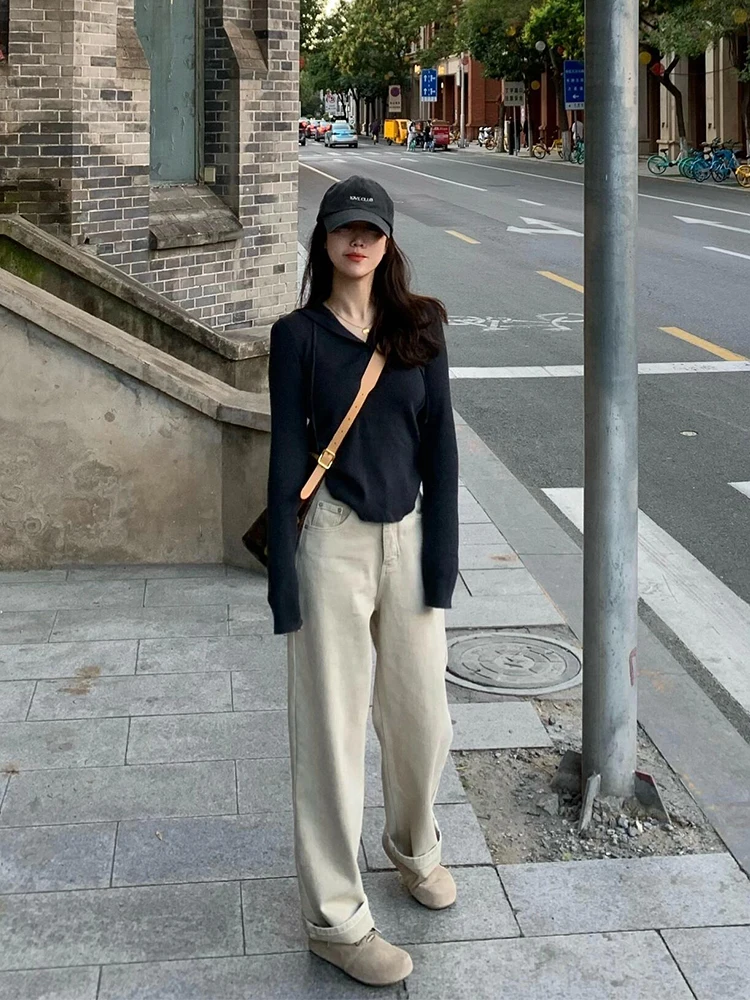 

Retro Hong Kong Style Women's High Waist Wide Leg Jeans Khaki Straight Cut Long Trousers Autumn Fashion Ladies' Denim Pants