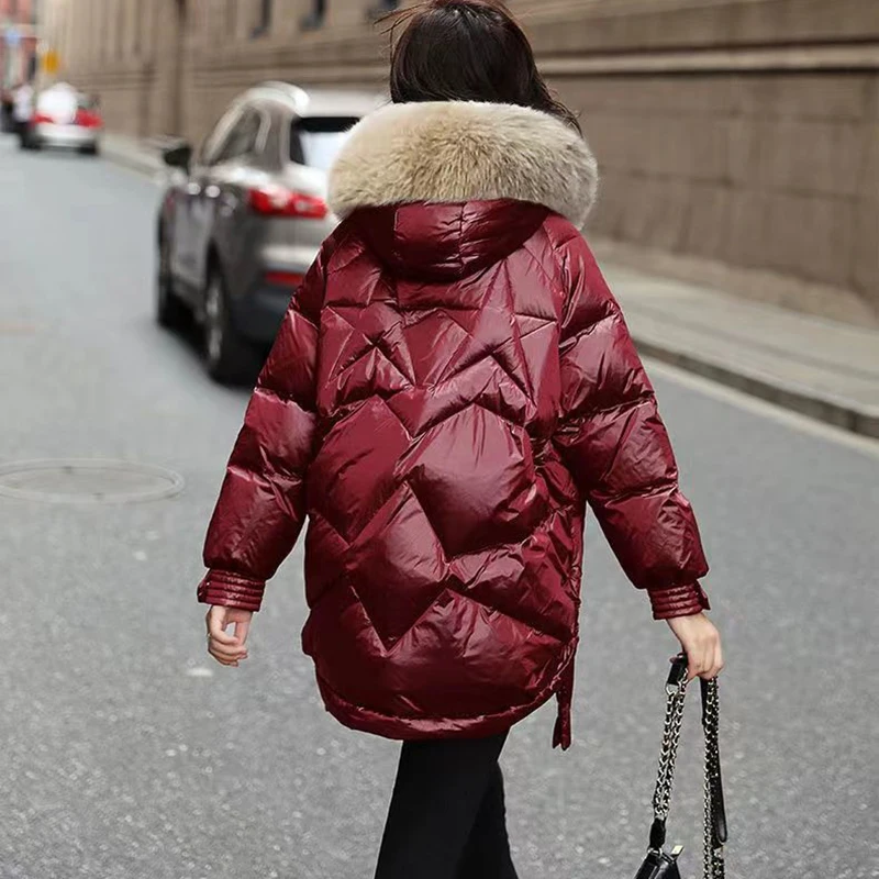 Chaqueta de plumón de algodón para mujer, parka informal, gruesa y cálida, con cuello de piel y capucha, abrigo impermeable de color rojo vino, 2023