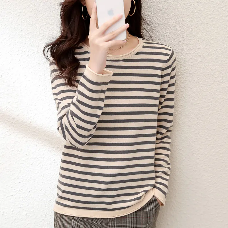 2023 Autumn Winter 100% cotton Sweater O-Neck Pullover Women\'s Striped Casual Long-sleeved Loose Knitted Sweater