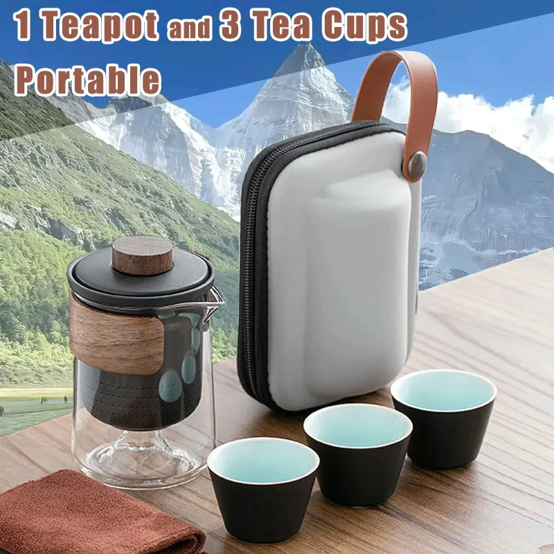 

Zen Teapot Travel Portable Teapot and 3pcs Ceramic Tea Cup Set Kit with Carrying Bag Glassy Teapot Chinese Kung Fu Tea Set Gift