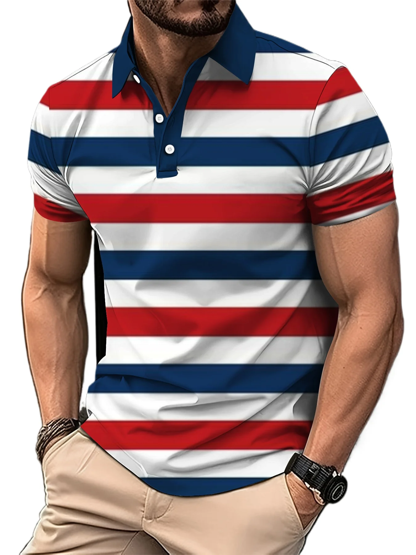 

2026 Men's Short Clothes Sleeved Lapel 3D Digital Printed Striped Polo Shirt Summer Man's Business Casual Top Clothes Oversized